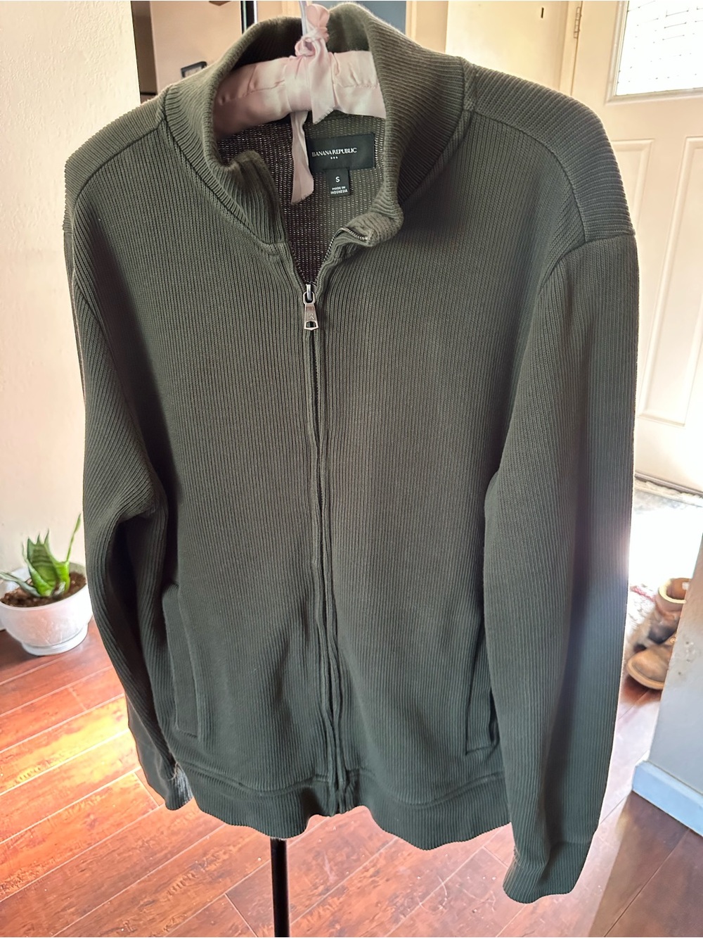 Banana Republic Men's Olive Zip-Front Ribbed Sweater Jacket